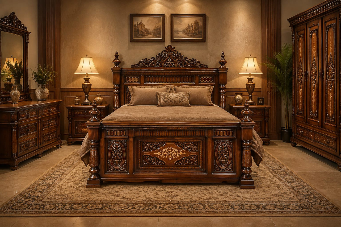 The Grand Victorian Hand-Carved Solid Wood Bed - Royal Walnut Finish