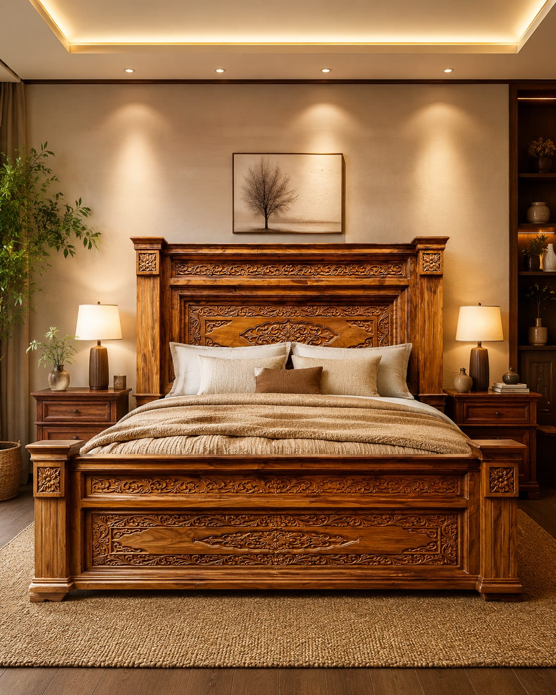 Artisan Hand-Carved Solid Wood Bed Frame – Honey Oak Rustic Finish