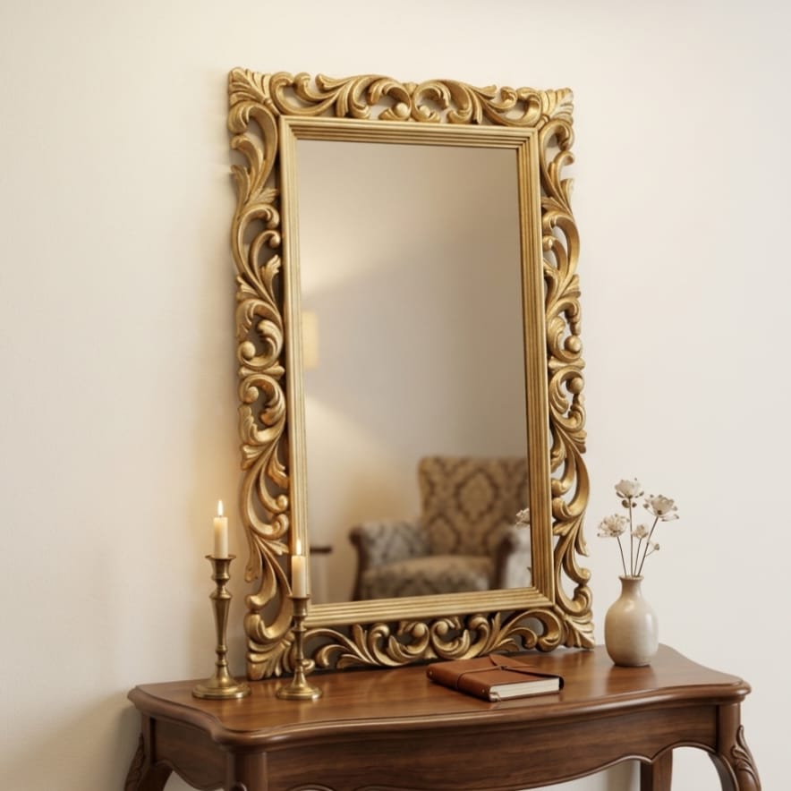 Ornate Baroque Antique Gold Carved Wooden Wall Mirror Frame