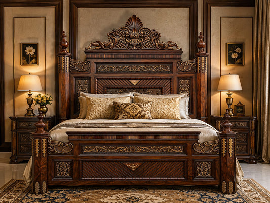 Royal Carved Solid Wood Poster Bed Frame – Antique Teak & Gold Leaf Highlights