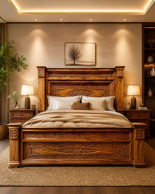 Artisan Hand-Carved Solid Wood Bed Frame – Honey Oak Rustic Finish